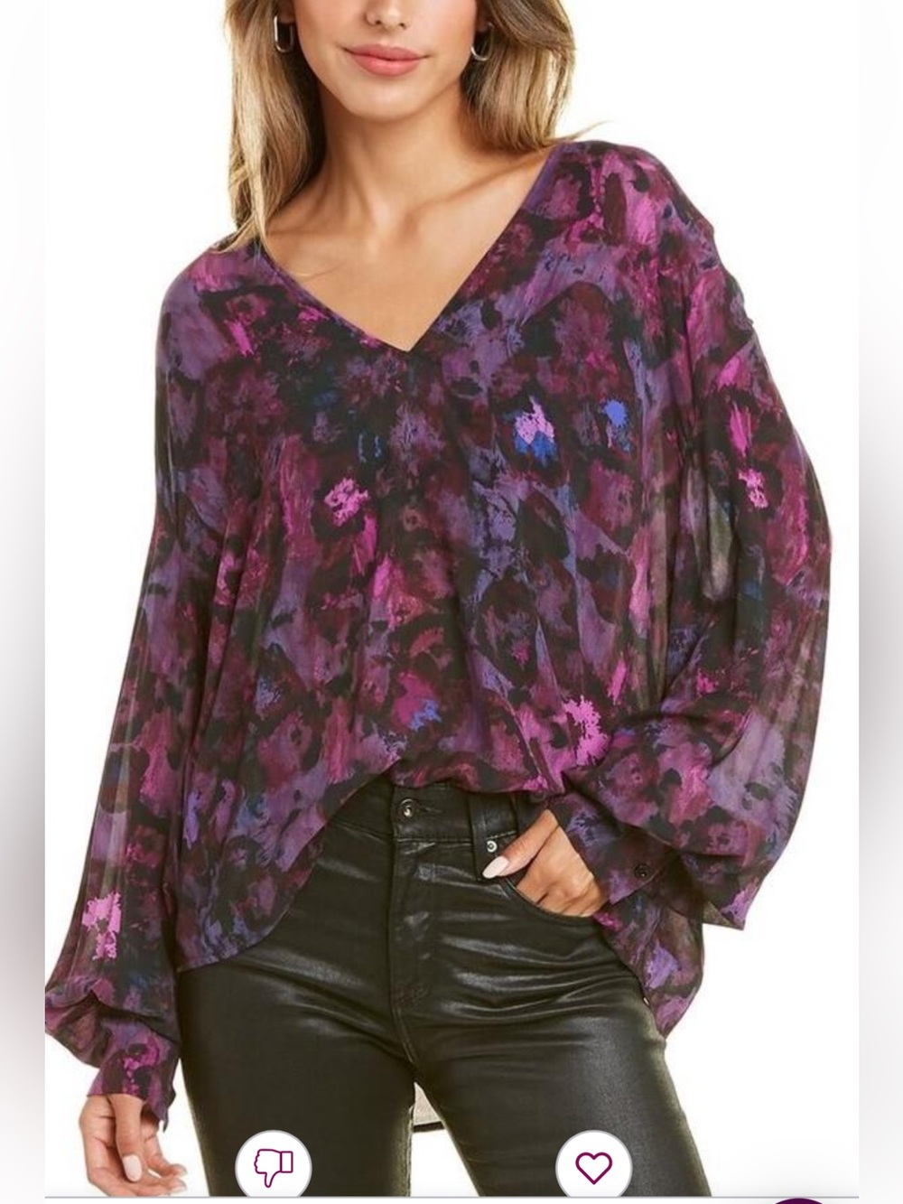 IRO Purple & Black Abstract Balloon Sleeve V-Neck Pullover Blouse